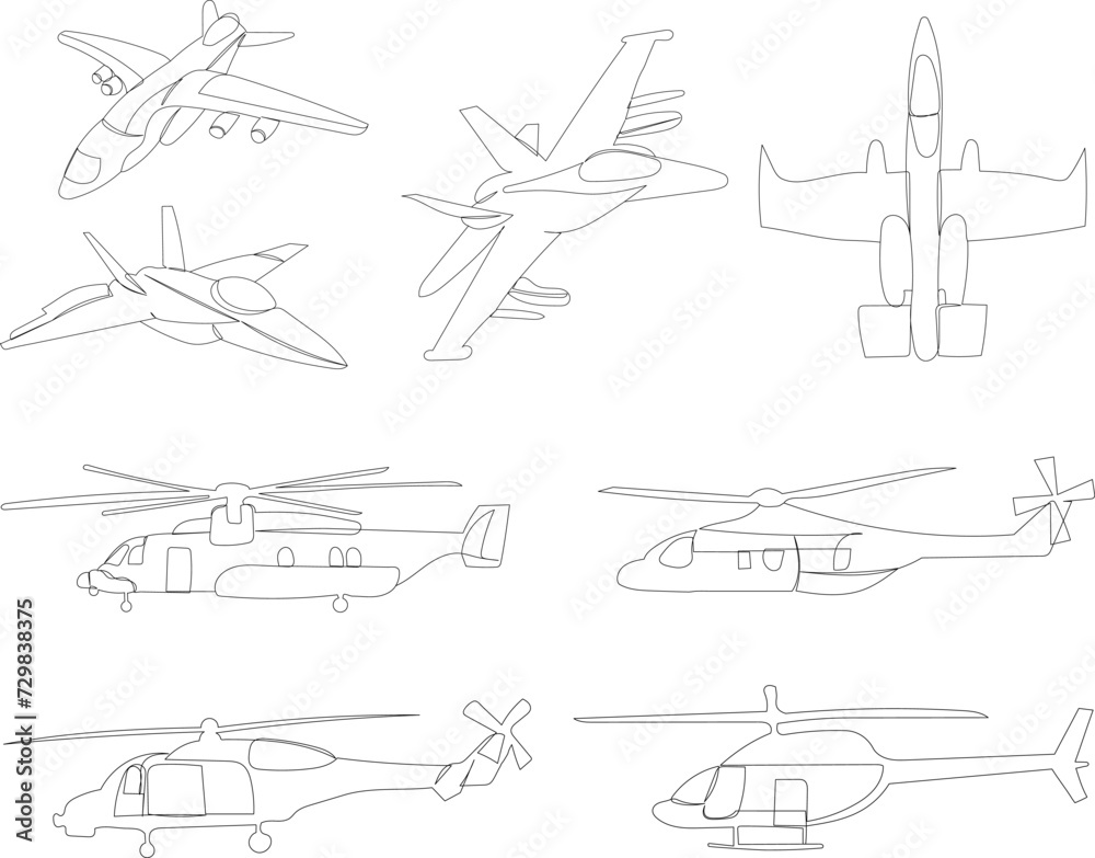 combat helicopters and airplanes, continuous line drawing vector combat helicopters and airplanes, continuous line drawing vector