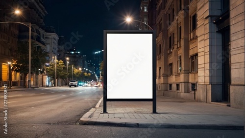 Vertical blank white billboard on city street. In the background buildings and road. Mock up. Poster on street next to roadway. Beautiful summer night 