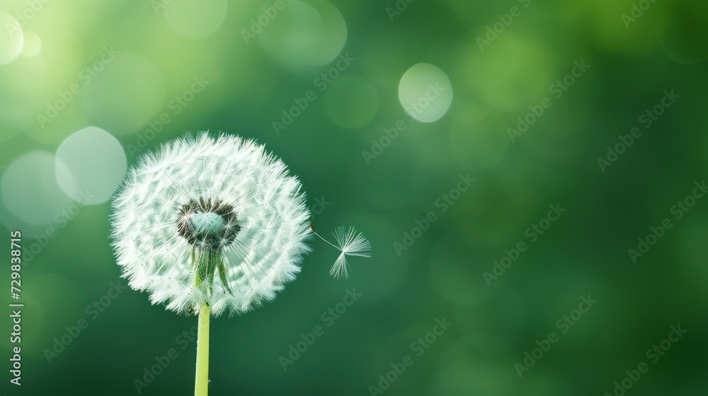  a dandelion is blowing in the wind on a green background with a blurry image of the dandelion in the foreground and a blurry background.