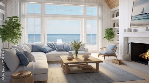Cozy and elegant living room with coastal decor  white sofa  wooden coffee table  and ocean view