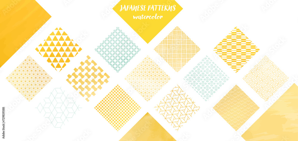 和紙、水彩風_黄色の四角の和柄パターン素材セット
