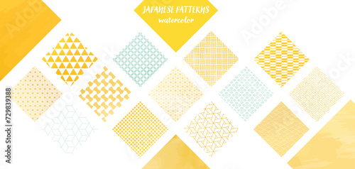 和紙、水彩風_黄色の四角の和柄パターン素材セット 