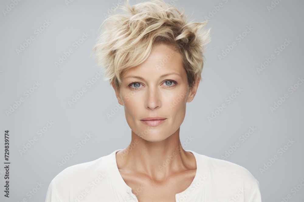 Portrait of a beautiful blond woman with short hair, over grey background Portrait of a beautiful blond woman with short hair, over grey background
