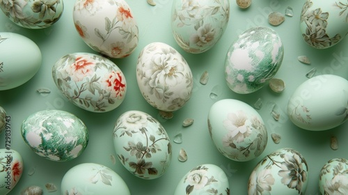  a group of painted eggs sitting on top of a green counter top next to a pile of eggs with leaves and flowers painted on them, all around the edges of the eggs.