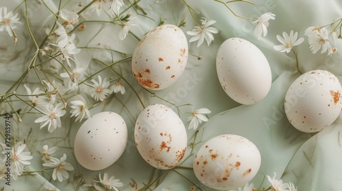 a group of white eggs sitting on top of a bed of white daisies next to a green cloth covered in brown speckles and white daisies on a light green background.