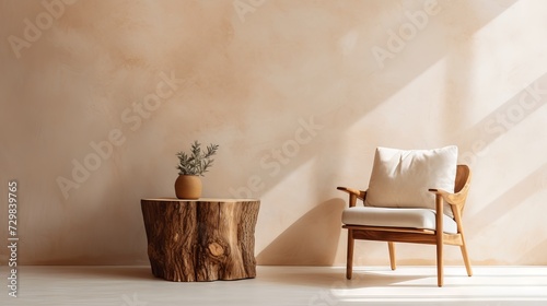 Modern and cozy living room with fabric lounge chair, wood stump side table, and beige stucco wall. Rustic minimalist interior design concept with copy space.