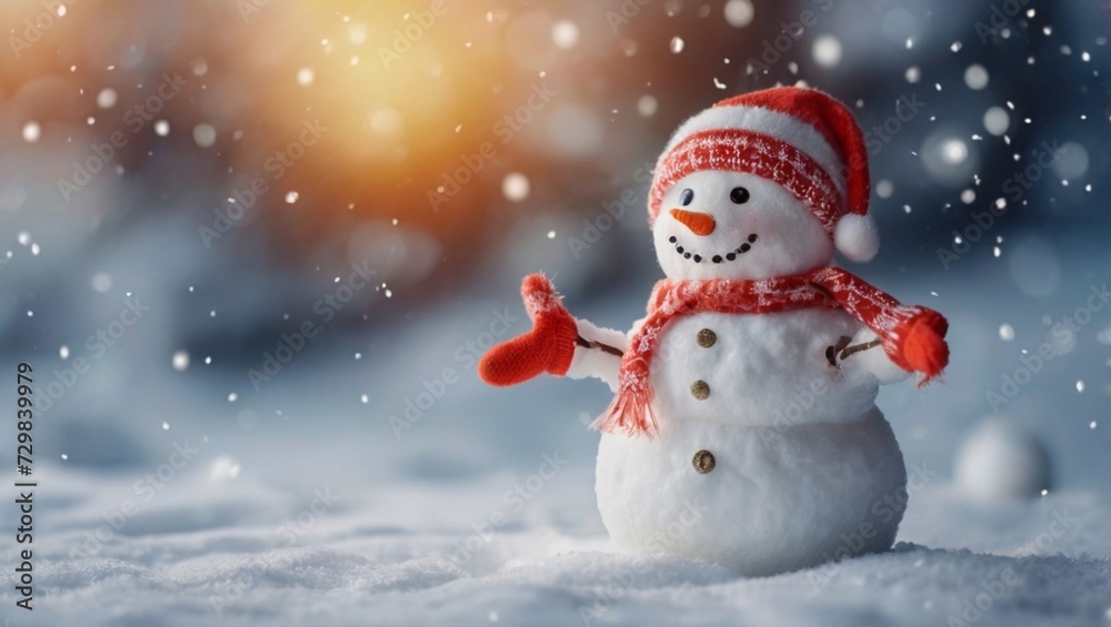 Christmas winter background with snowman in snow and blurred bokeh background.Merry Christmas and happy new year greeting card with copy space.
