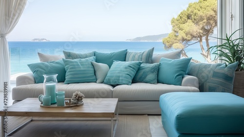 Cozy and elegant living room with fabric sofas, turquoise pillows, and wooden coffee table in a coastal home with sea view photo