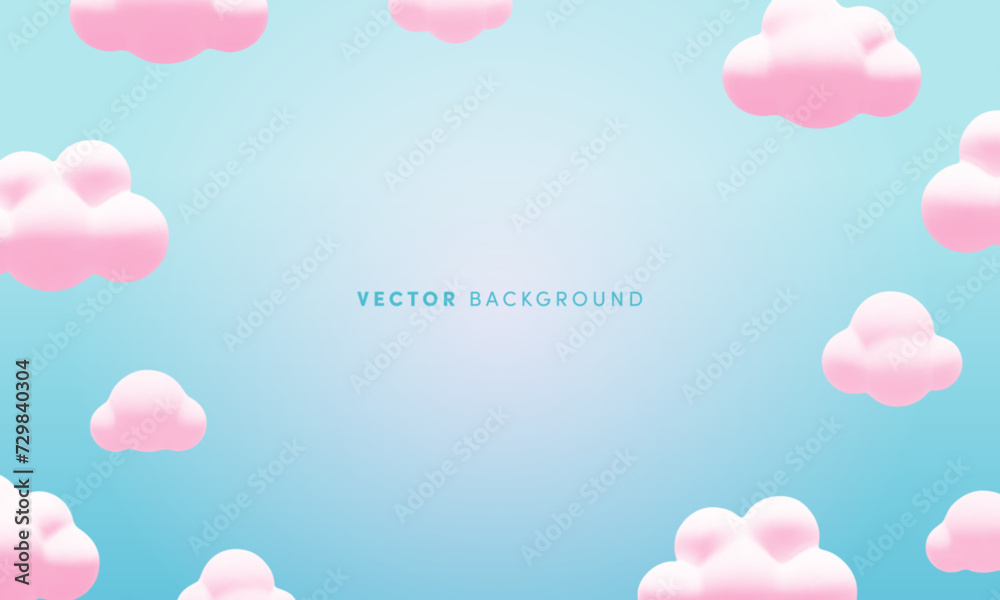 Cute vector background with cartoon 3d pink clouds. Minimal 3d fluffy bubbles in blue sky. Trendy abstract nature background for wallpaper, web, decor, design