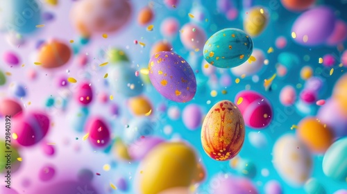  a bunch of different colored eggs floating in a blue, pink, yellow, and orange liquid filled with confetti and sprinkles on a blue background. © Olga