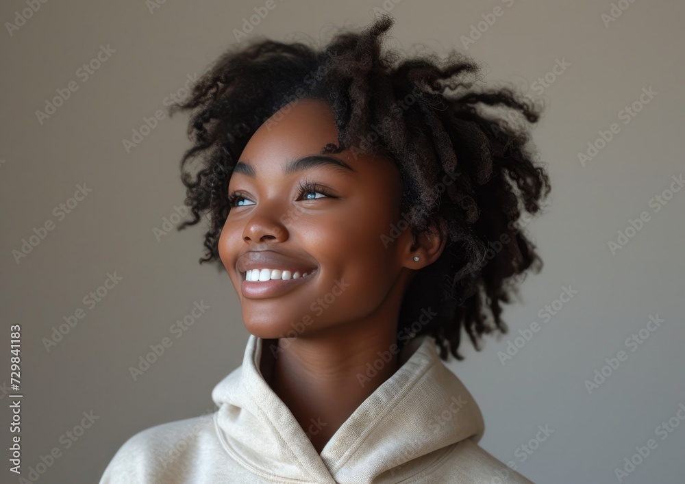 African American model girl with colorful sweatshirt in black background African American model girl with colorful sweatshirt in black background