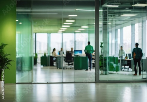 Sleek Contemporary Modern Glass Office Blurry View with employ People Working in Office Space with chairs tables and equipment's Created with AI Technology