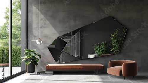  a living room with a couch a mirror and a potted plant on the side of the wall and a potted plant on the other side of the wall.