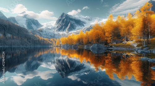  a scenic view of a mountain range with a lake in the foreground and trees in the foreground with yellow leaves on the trees and mountains in the background. © Olga