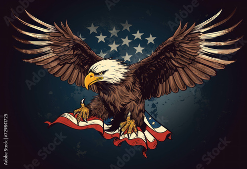 An eagle spreads its wings in front of an American flag.Independence Day