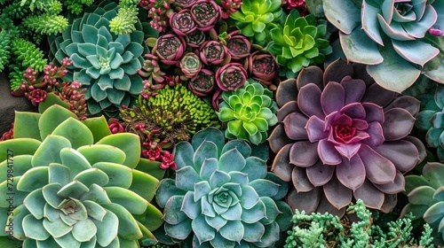  a bunch of different types of succulents that are growing on the side of a wall in the same color as the succulents in the picture. photo