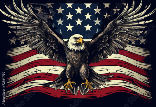 An eagle spreads its wings in front of an American flag.Independence Day