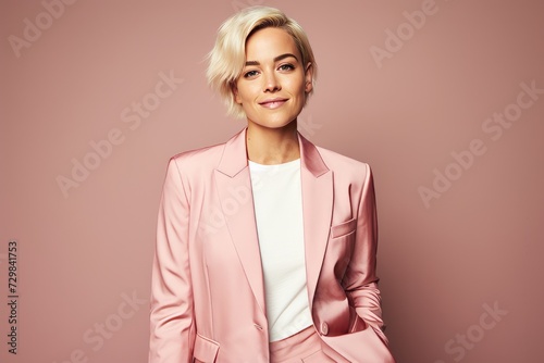 Fashionable businesswoman in pink suit. Studio fashion portrait.