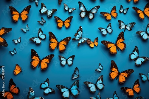 Colorful butterflies on blue background. Top view. spring pattern nature background.