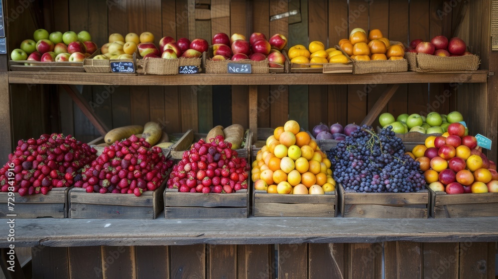  a display in a store filled with lots of different types of apples and plums in wooden bins next to a shelf with baskets of other fruit on it.