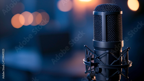 Modern professional microphone in recording studio. Close up microphone on stage.