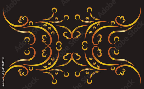 Fantasy illustration with swirls. Symmetrical ornament, applique, backgroundGold gradient on a black background for printing on fabric, applique and cards.