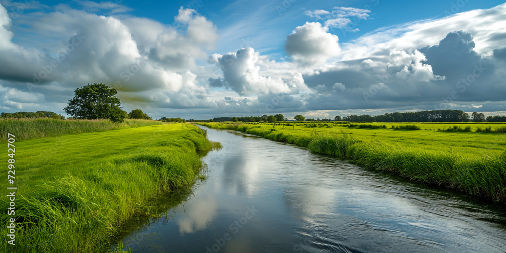 Gentle River Flowing Through a Lush Countryside under a Dynamic Sky
Gentle River Flowing Through a Lush Countryside under a Dynamic Sky