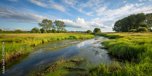 Serene River Winding Through a Vibrant Green Countryside
