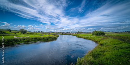 Idyllic Countryside Panorama with Sheep by the Riverside on a Sunny Day  © Infini Craft