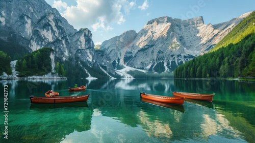  a group of three canoes floating on top of a lake next to a mountain covered with snow covered mountains in the distance are reflected in the clear blue water.
