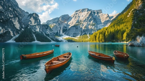  a group of three boats floating on top of a lake next to a forest covered mountain covered with trees and a blue body of water filled with lots of water.