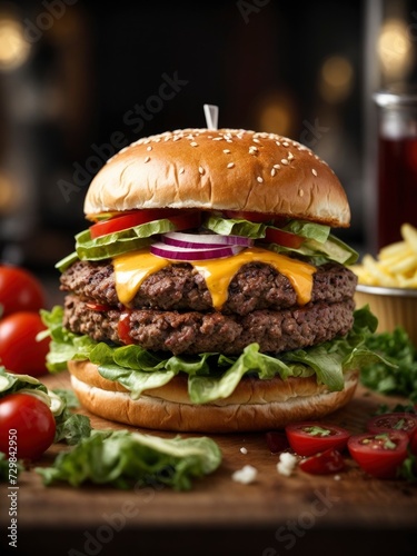 Juicy big beef burger with bacon and fresh salad toppings for Fast food concept. Advertising photo Bacon Cheeseburger. Delicious bacon cheeseburger with fresh toppings