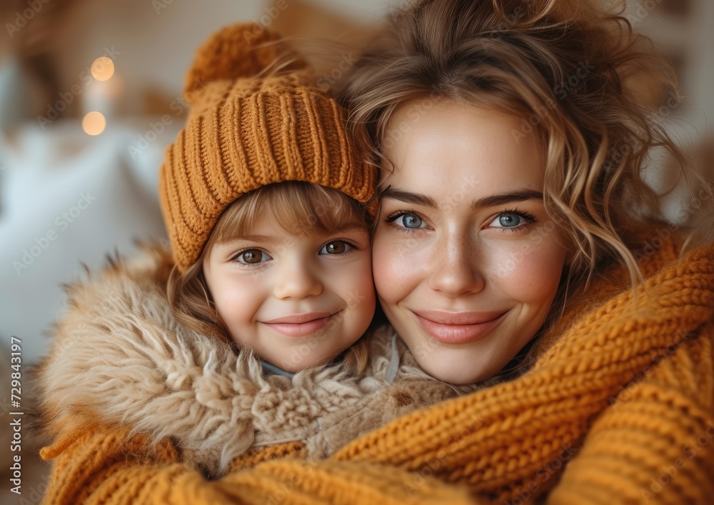 happy fashion caucasian mother wearing bright sweatshirt, lovingly embracing her smiling kid happy fashion caucasian mother wearing bright sweatshirt, lovingly embracing her smiling kid