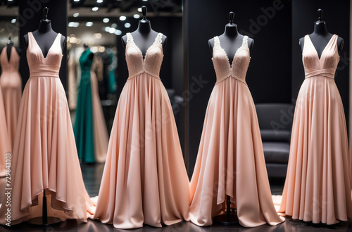 Elegant formal pink dresses for sale in luxury modern shop boutique