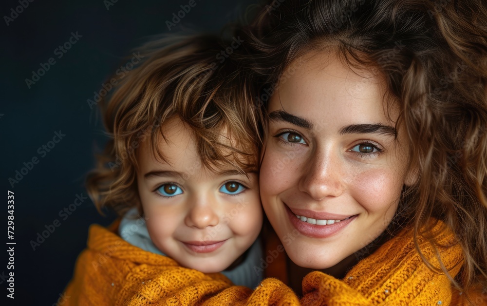 happy fashion caucasian mother wearing bright sweatshirt, lovingly embracing her smiling kid happy fashion caucasian mother wearing bright sweatshirt, lovingly embracing her smiling kid