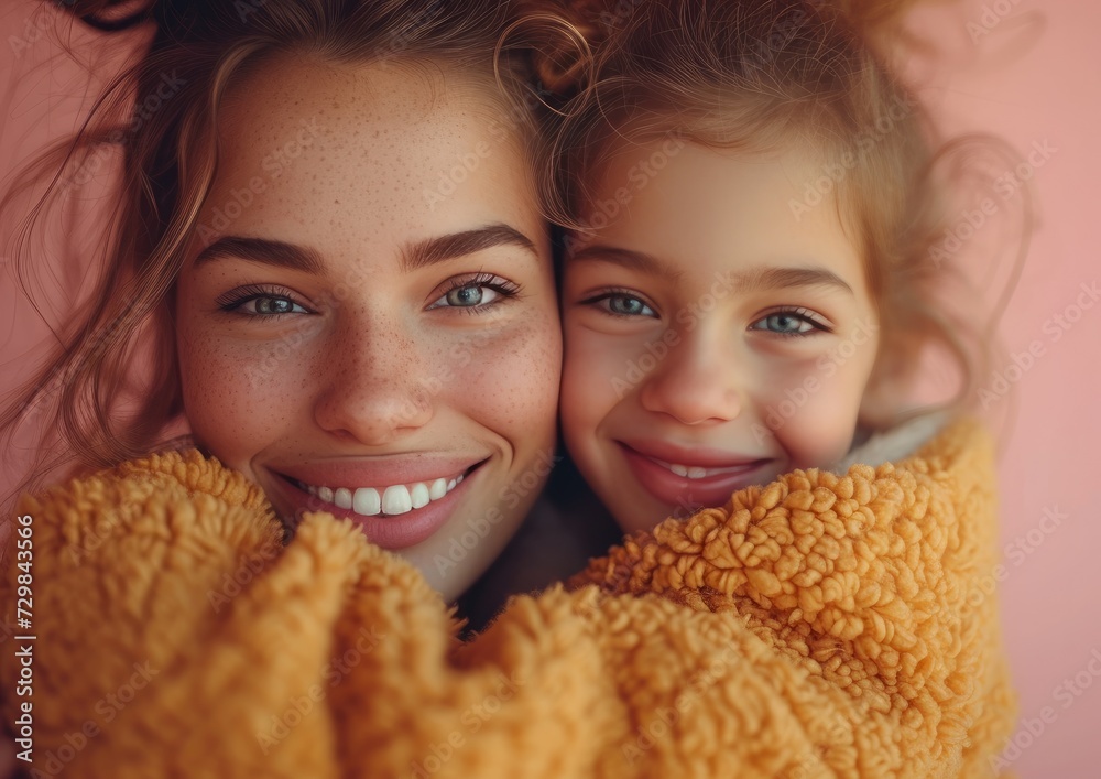 happy fashion caucasian mother wearing bright sweatshirt, lovingly embracing her smiling kid happy fashion caucasian mother wearing bright sweatshirt, lovingly embracing her smiling kid