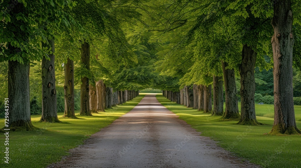  a dirt road surrounded by trees on both sides of the road is surrounded by green grass and trees on both sides of the road are lined with rows of trees.