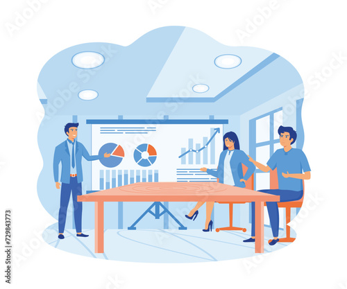 Business Online Training.  Seminar or Courses. Mentor Doing Presentation About Marketing, Sales, Report, E-commerce.   flat vector modern illustration 