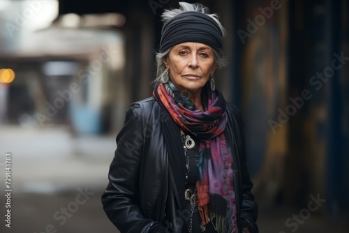 Portrait of an elderly woman in a black leather jacket and a scarf