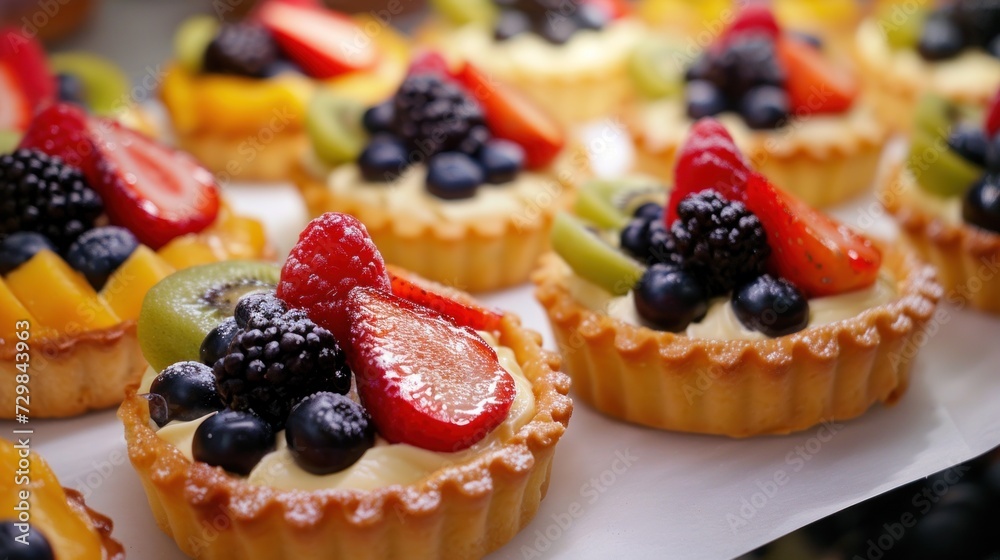 a close up of a tray of fruit tarts with berries and kiwis on top of the tarts and on the other side of the tarts. a close up of a tray of fruit tarts with berries and kiwis on top of the tarts and on the other side of the tarts.