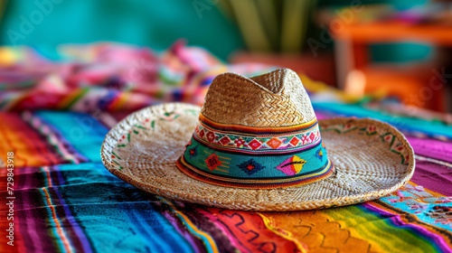 Colorful Traditional Mexican Hat on a Vibrant Textile - Authentic Handcrafted Sombrero for Cultural Celebrations and Festivals