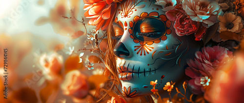 Vibrant Day of the Dead Celebration - A Colorful Artistic Representation of a Female with Traditional Sugar Skull Makeup Surrounded by Blooming Flowers photo