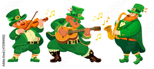 Three funny fat musicians in leprechaun costumes. People with a guitar, violin, saxophone. Cartoon characters in flat style isolated on white. Illustration for St. Patricks Day,  Irish holiday. Vector