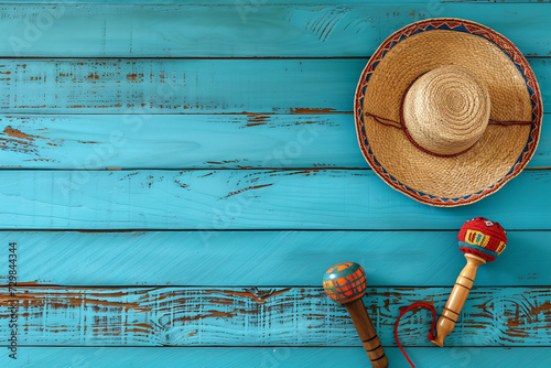 Colorful Mexican Culture Still Life - Straw Sombrero and Traditional Maracas on Rustic Blue Wooden Background photo
