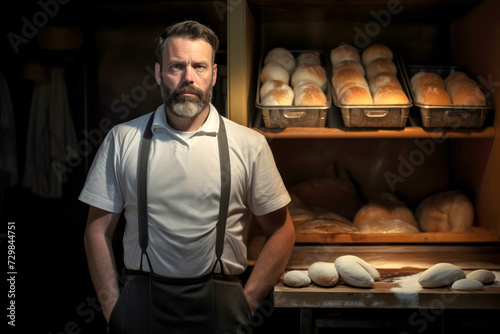 Man Standing in Front of Bread-Filled Table at Home Bakery