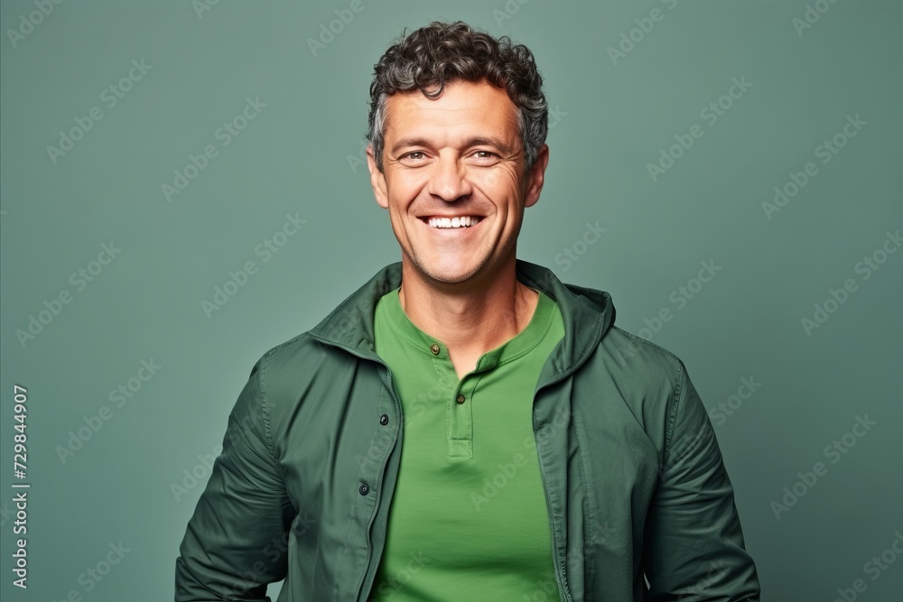Portrait of a smiling man in a green jacket. Studio shot. Portrait of a smiling man in a green jacket. Studio shot.