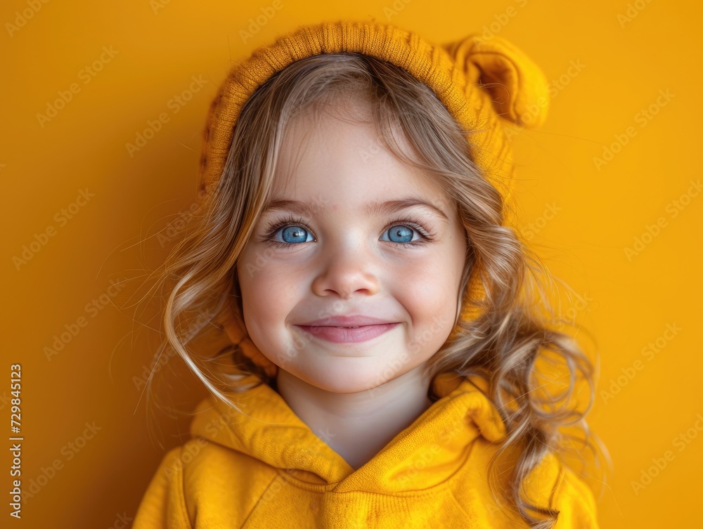 little caucasian girl with colorful sweatshirt in professional colorful photo studio background