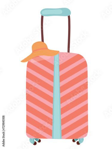 The traveling suitcase, cabin luggage and check in baggage. Vector cartoon illustration isolated on a white background. Pink striped suitcase with blue handle and wheels