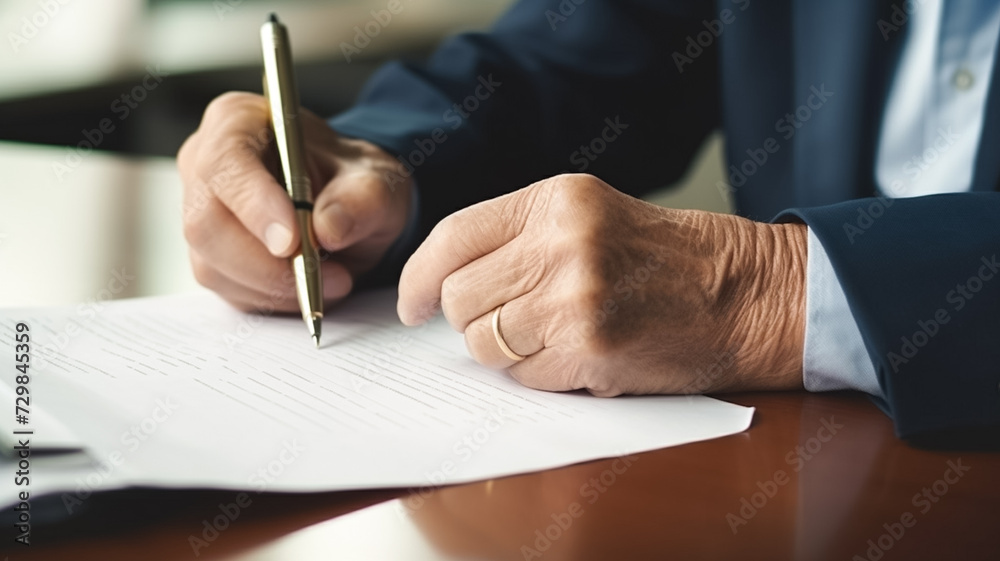 Closeup hand old woman elderly examining and signing last will and testament. Senior woman signing their will documents.
Closeup hand old woman elderly examining and signing last will and testament. Senior woman signing their will documents.
