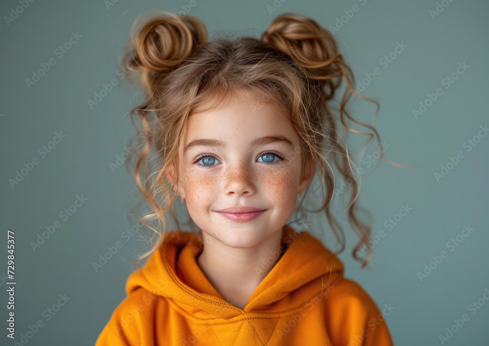 little caucasian girl with colorful sweatshirt in professional colorful photo studio background little caucasian girl with colorful sweatshirt in professional colorful photo studio background